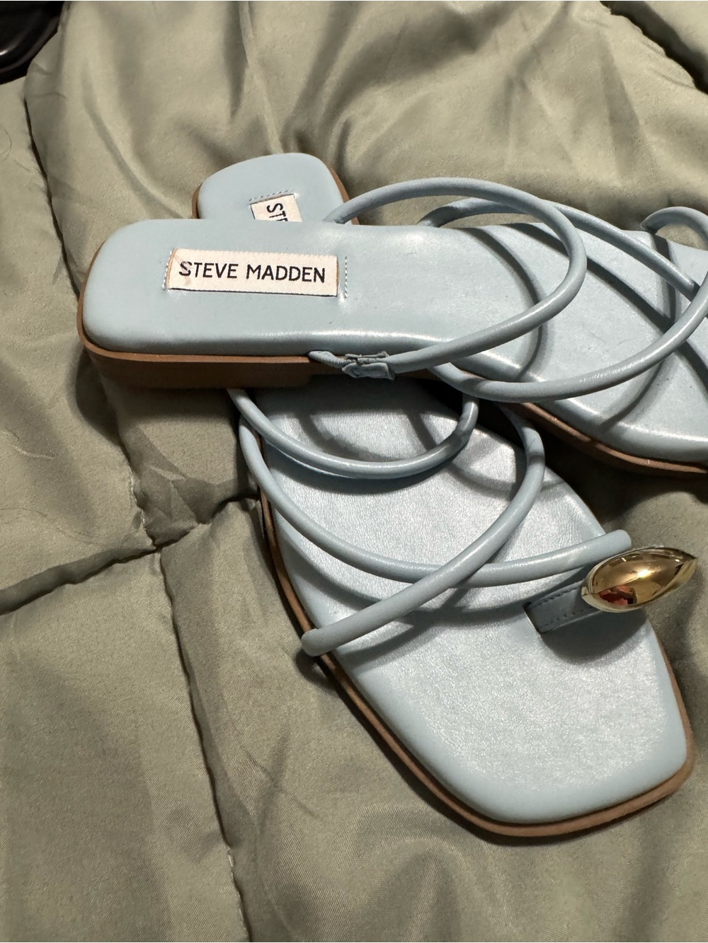 Steve Madden Pale Blue Strappy Square-Toe Sandals with Gold Accent